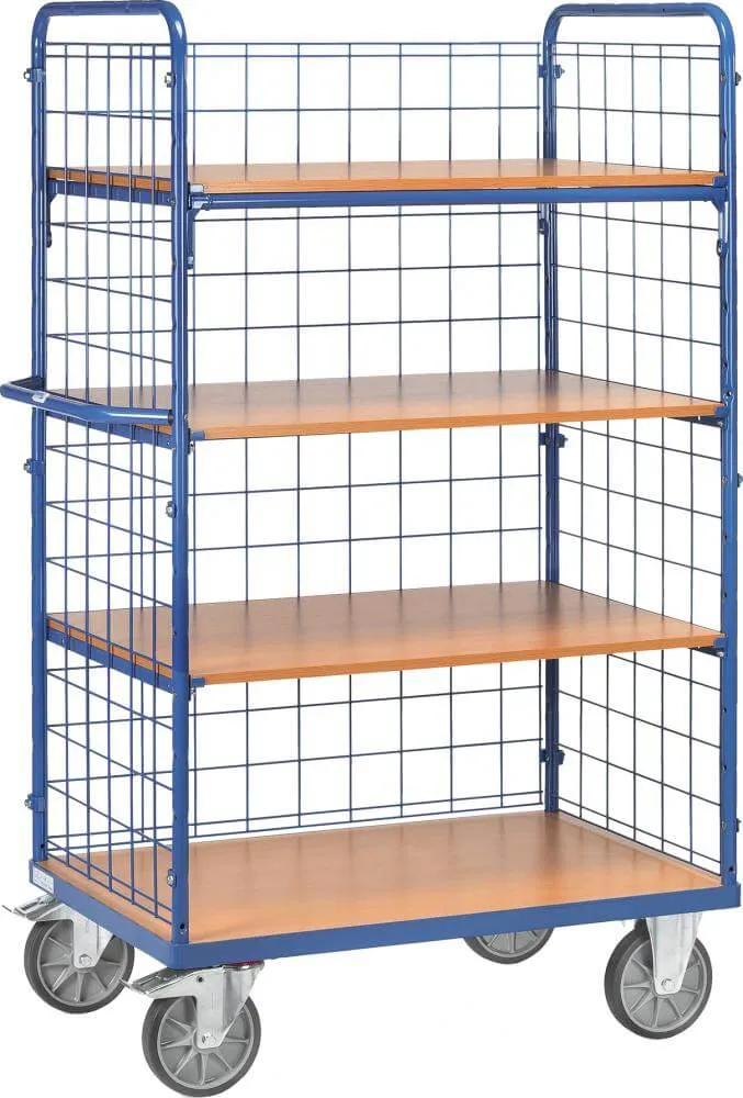 Chariot multi-niveaux FETRA, avec grille métallique, 4 étagères, 1200 x 800 mm
