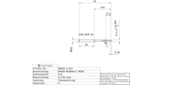 Alésoirs de machines / Ø 5,010 mm / 0,005 / Norme d'usine / VHM / AlTiN nano