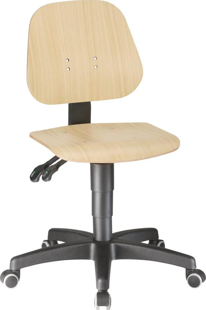 Fauteuil de bureau pivotant BIMOS, modèle 9653-3000 Unitec 2, hauteur d'assise réglable de 440 à 620 mm, avec roulettes, finition bois.