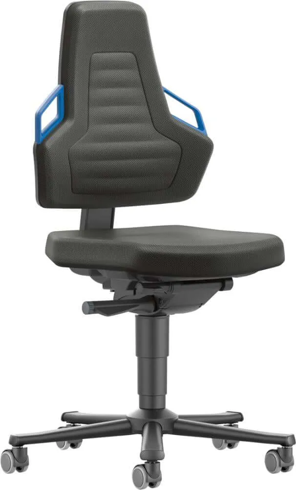 BIMOS, Chaise de travail Bimos Nexxit 2 poignées bleues hauteur d'assise 450-600 mm tissu noir, avec roulettes