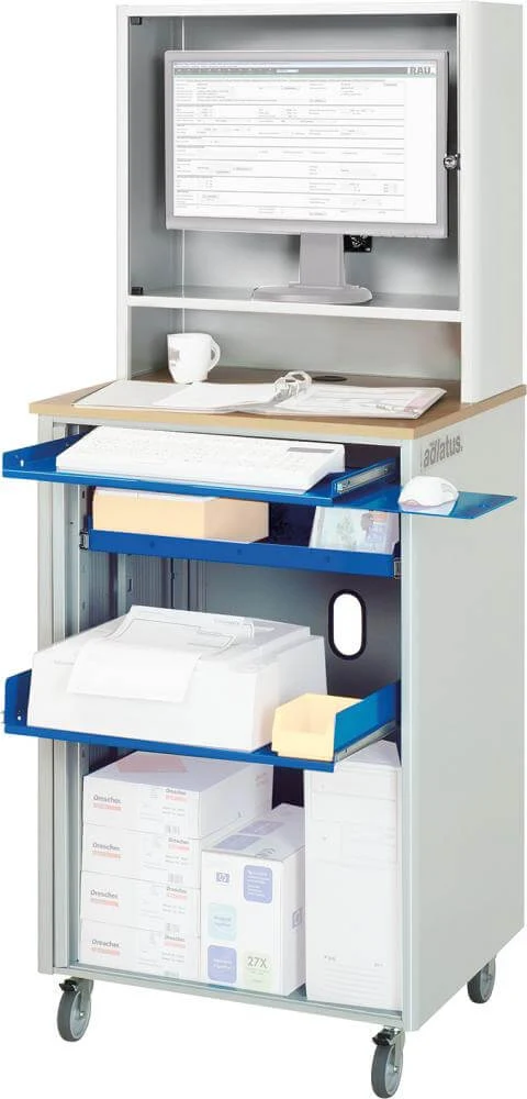 Bureau d'ordinateur RAU, L720xP660xH1810 mm RAL 7035/5010 boîtier mobile avec porte