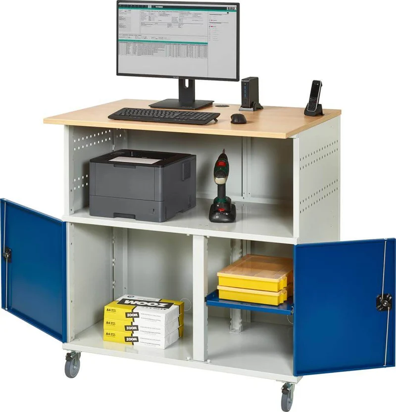 Table informatique RAU, L1100xP800xH1100 mm RAL 7035/5010 mobile sans boîtier de moniteur