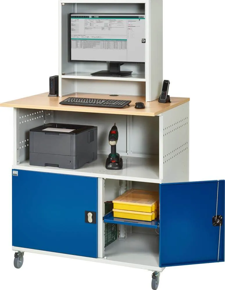 Bureau d'ordinateur RAU, L1100xP800xH1810 mm RAL 7035/5010 boîtier mobile ouvert