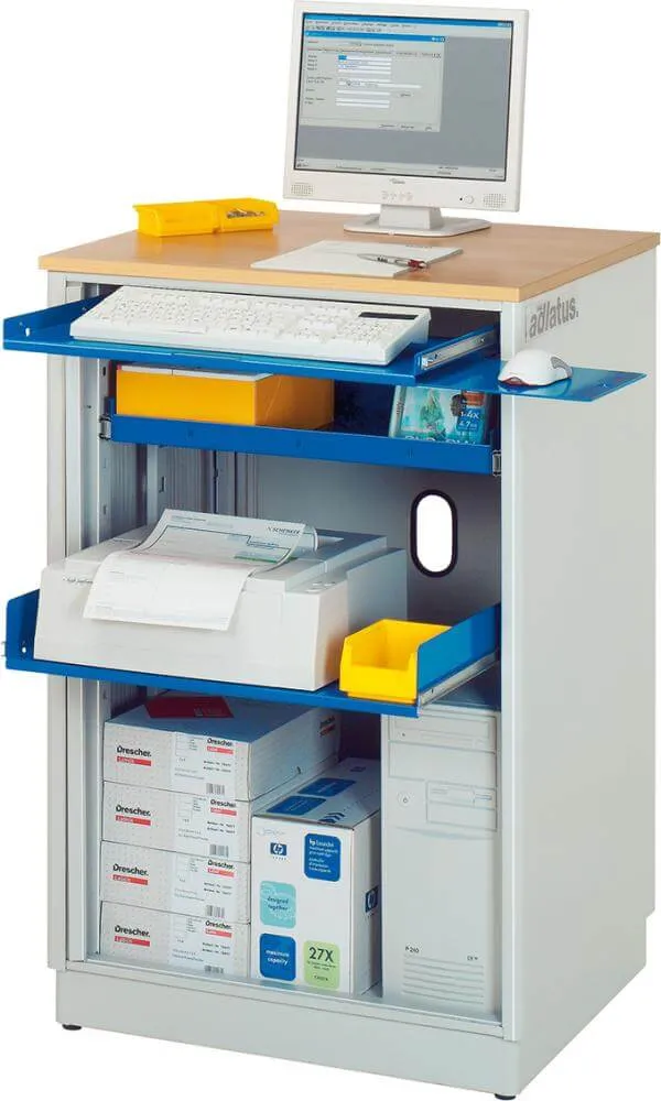 Bureau d'ordinateur RAU, L720xP660xH1100 mm RAL 7035/5010 fixe sans boîtier d'écran