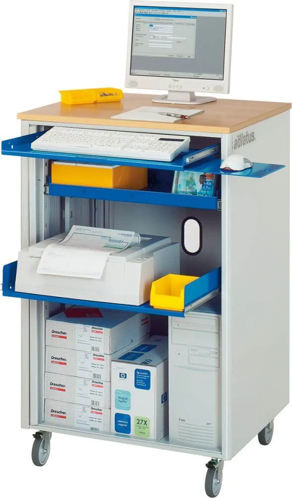 Table informatique RAU, L720xP660xH1100 mm RAL 7035/5010 mobile sans boîtier de moniteur