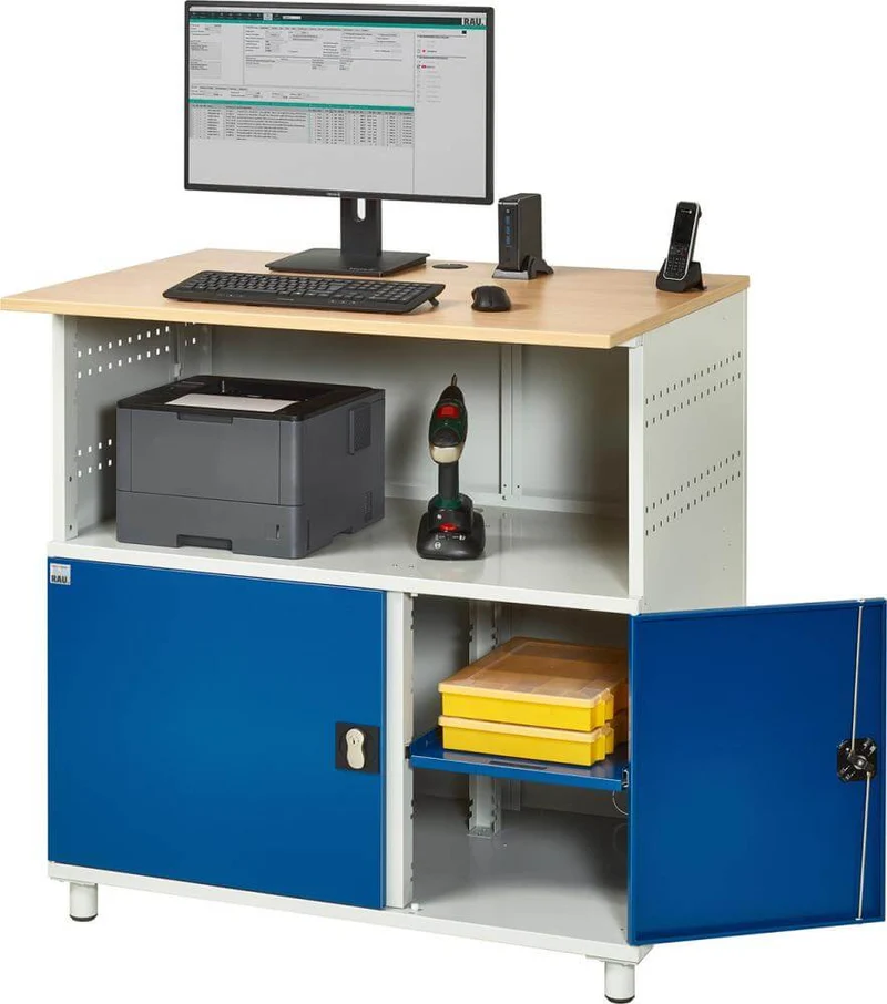 Bureau d'ordinateur RAU, L1100xP800xH1100 mm RAL 7035/5010 fixe sans boîtier d'écran