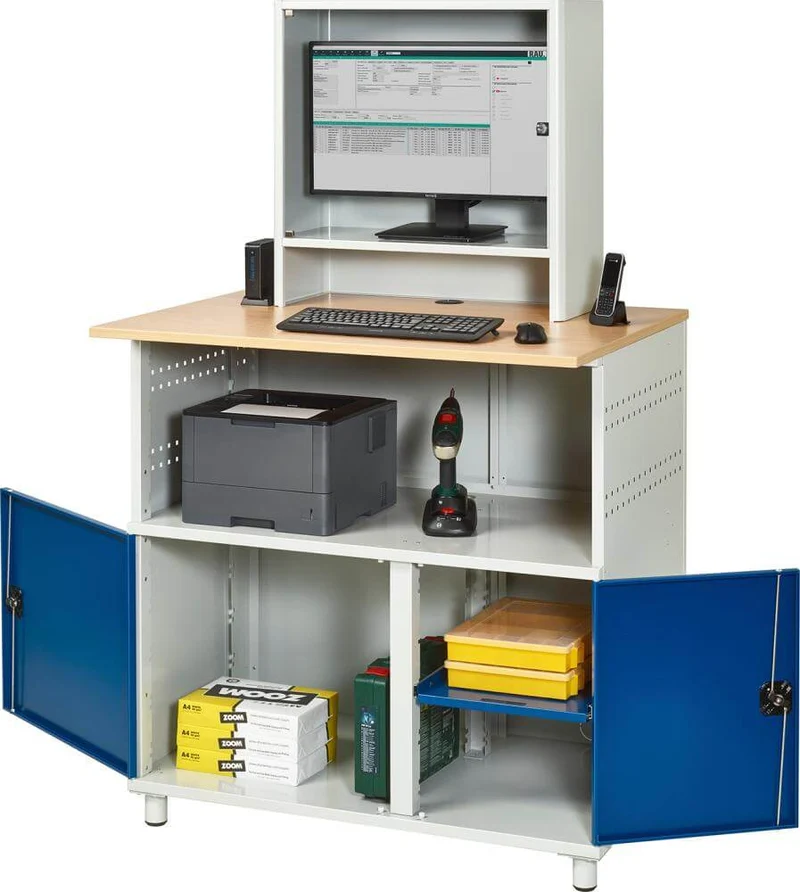 Bureau d'ordinateur RAU, L1100xP800xH1810 mm RAL 7035/5010 boîtier fixe ouvert