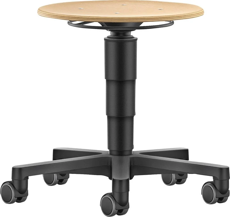 Tabouret pivotant BIMOS, assise ronde en bois, hauteur d'assise 450 - 650 mm avec roulettes