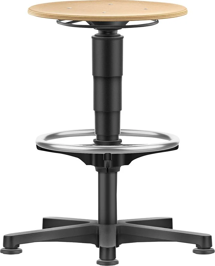 Tabouret pivotant BIMOS, assise ronde en bois, hauteur d'assise 530 - 750 mm, avec patins et repose-pieds.