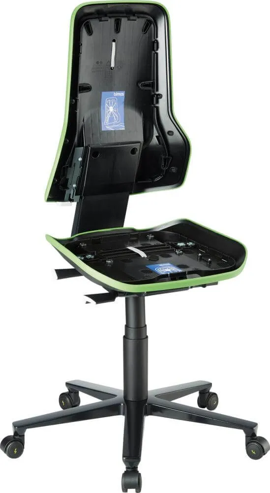 BIMOS, Chaise de travail Bimos ESD Neon 2, vert, hauteur d'assise 450-620 mm, avec roulettes, sans rembourrage