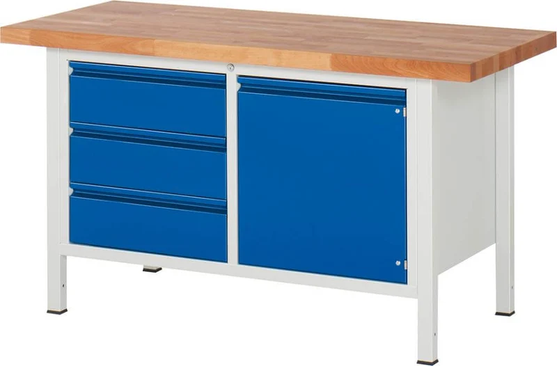 Établi RAU, Basic B1500xT700xH840mm RAL 7035/5010 BMP: 40 mm 4 tiroirs, 1 porte