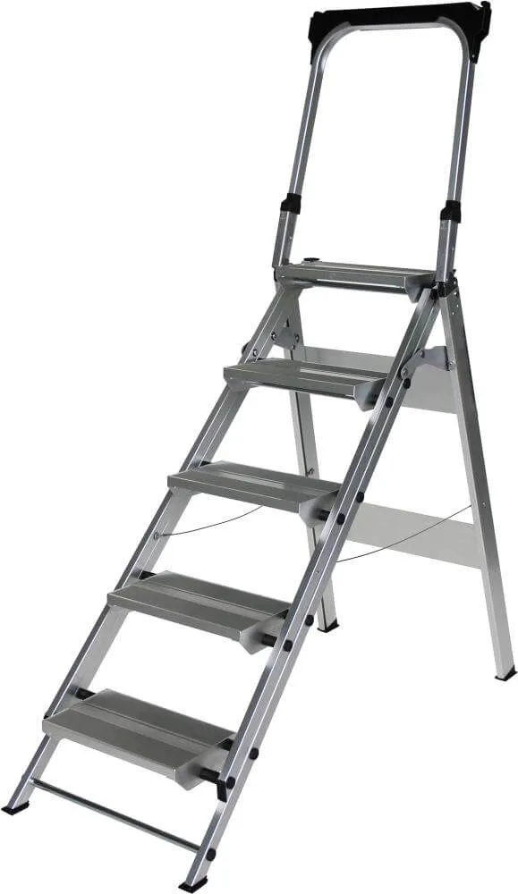 Escabeau pliant en aluminium MUNK, 5 marches avec arceau hauteur sans marche 1,10 m hauteur de travail jusqu'à 3,10 m
