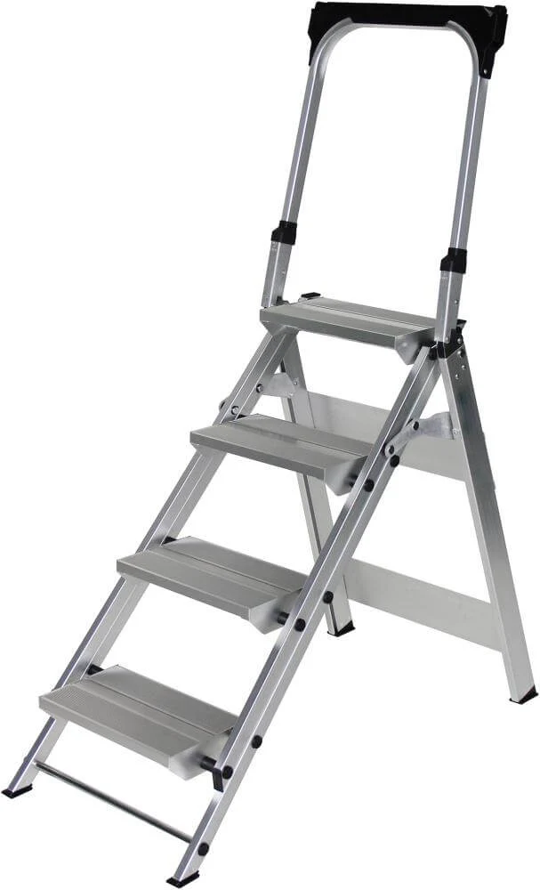 Escabeau pliant en aluminium MUNK, 4 marches avec arceau hauteur sans marche 0,86 m hauteur de travail jusqu'à 2,90 m