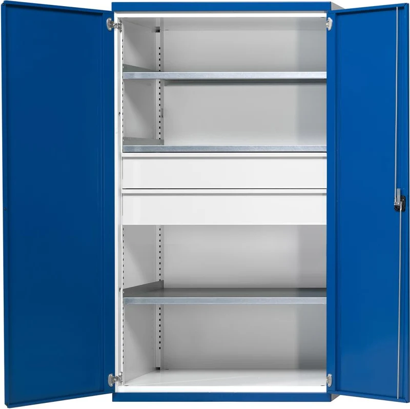 Armoire lourde ANKE, L1085xP630xH1950mm RAL7035/5010 s/séparation centrale 3étagères,2tiroirs 100kg