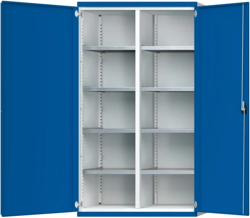 Armoire lourde ANKE, L1085xP500xH1950mm RAL7035/5010 avec cloison centrale 8 étagères