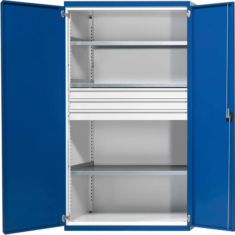Armoire lourde ANKE, L1085xP690xH1950mm RAL7035/5010 s/séparation centrale 3étagères,3tiroirs 200kg