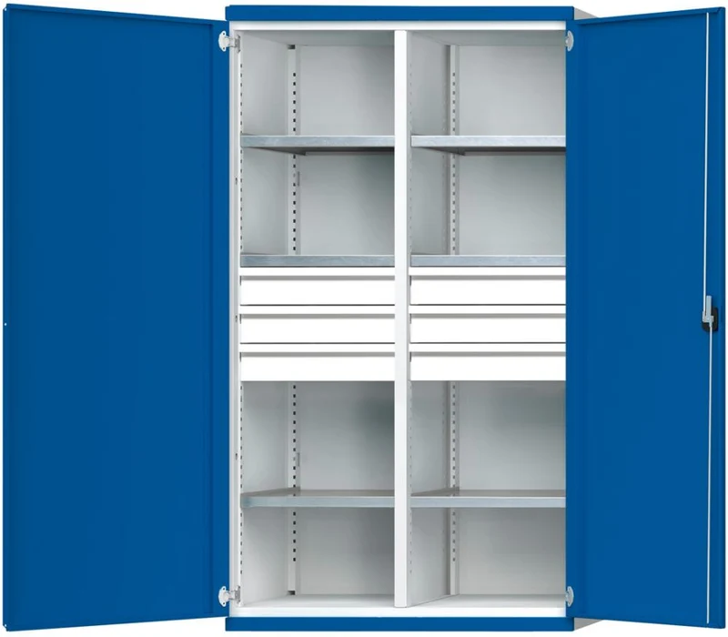 Armoire lourde ANKE, L1085xP630xH1950mm RAL7035/5010 avec cloison centrale, 6 étagères, 6 tiroirs 100kg