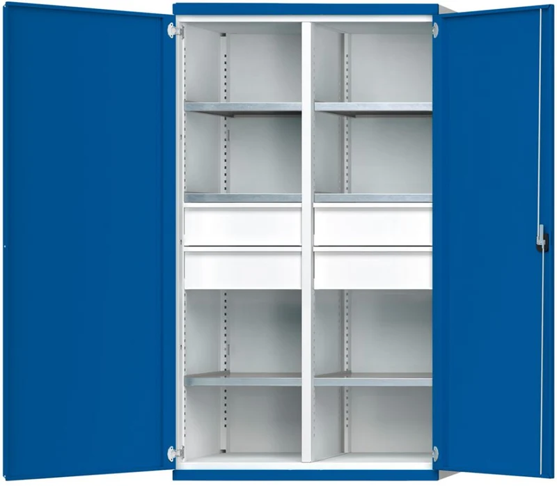 Armoire lourde ANKE, L1085xP630xH1950mm RAL7035/5010 avec cloison centrale, 6 étagères, 4 tiroirs 100kg