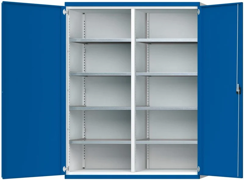 Armoire lourde ANKE, L1485xP400xH1950mm RAL7035/5010 avec cloison centrale 8 étagères