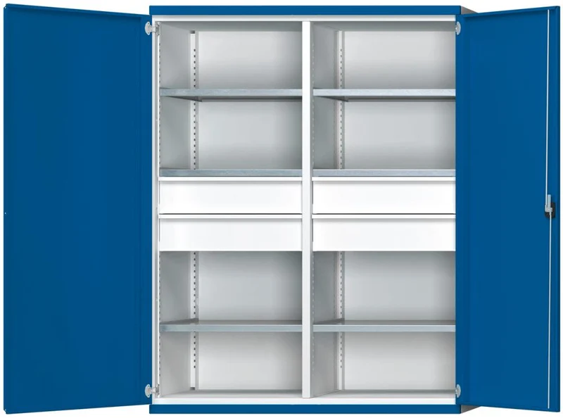Armoire lourde ANKE, L1485xP690xH1950mm RAL7035/5010 avec cloison centrale, 6 étagères, 4 tiroirs 200kg