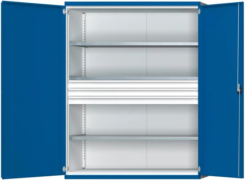 Armoire lourde ANKE, L1485xP690xH1950mm RAL7035/5010 s/séparation centrale 3étagères,3tiroirs 200kg