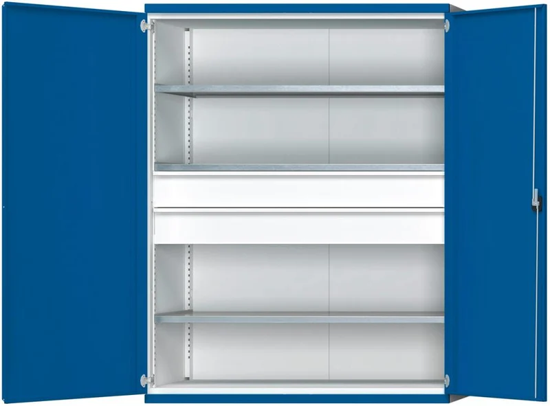 Armoire lourde ANKE, L1485xP630xH1950mm RAL7035/5010 s/séparation centrale 3étagères,2tiroirs 100kg