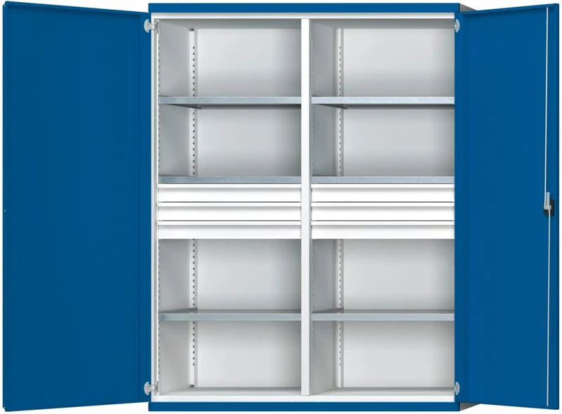 Armoire lourde ANKE, L1485xP690xH1950mm RAL7035/5010 avec cloison centrale, 6 étagères, 6 tiroirs 200kg