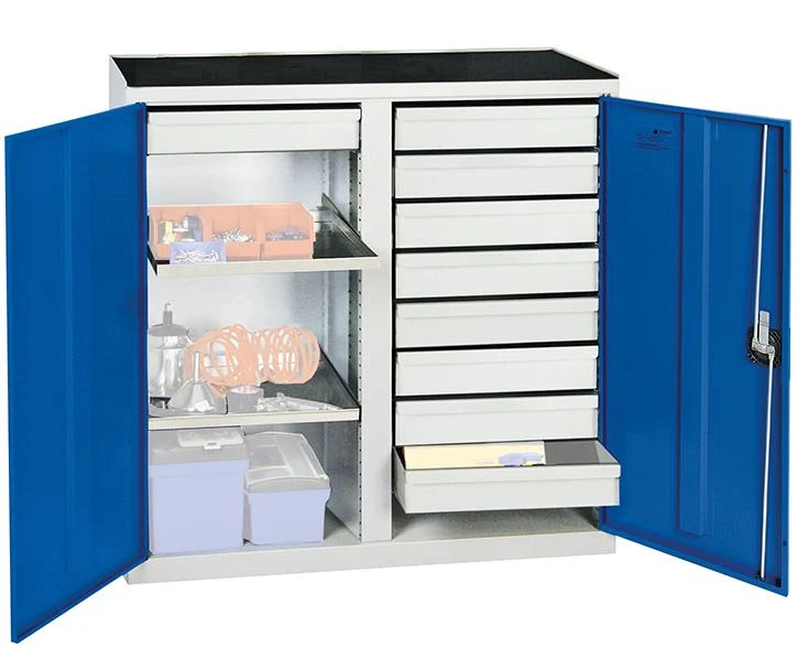 Armoire à outils STUMPF, S2000 RAL 7035/5010 cloison centrale, 9 tiroirs 2 étagères-bacs