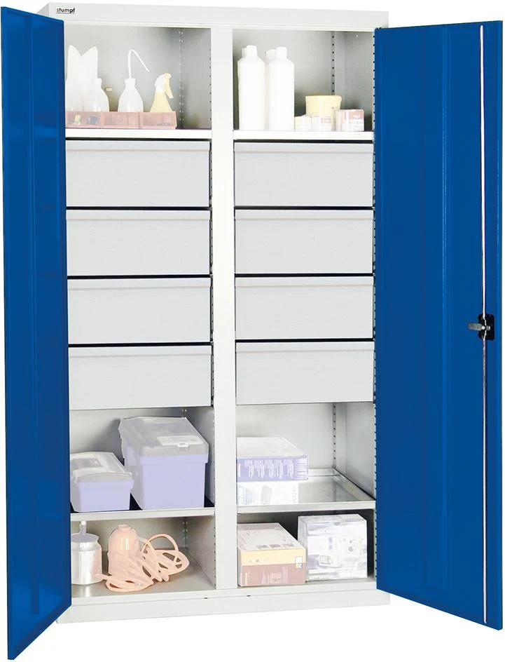 Armoire à outils STUMPF, S2000 RAL 7035/5010 4 étagères à bacs 6 tiroirs 200 mm