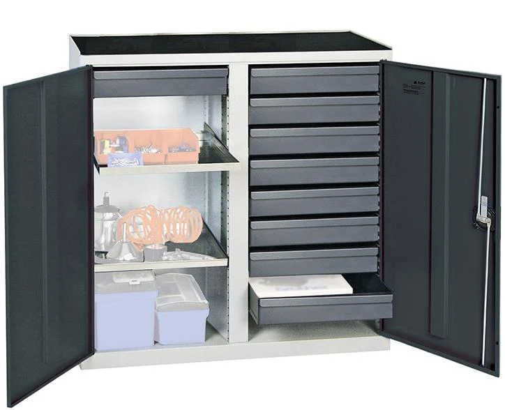 Armoire à outils STUMPF, cloison centrale S3000 RAL 7035/7016, 9 tiroirs, 2 étagères à plateaux