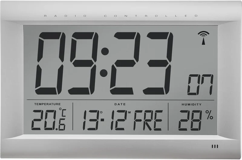 BÜRK MOBATIME, horloge murale radio LCD à affichage numérique argent mat