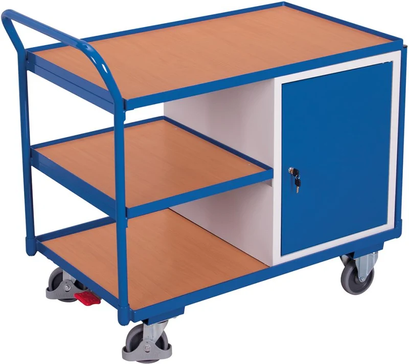 Chariot de table VARIOFIT, 250 kg L1125xP625xH1010mm RAL 7035/5010 1 armoire, 3 zones de chargement