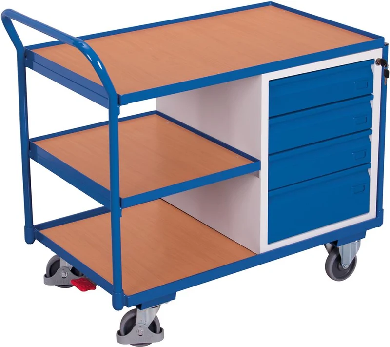 Chariot de table VARIOFIT, 250 kg L1125xP625xH1010mm RAL 7035/5010 4 tiroirs, 3 zones de chargement