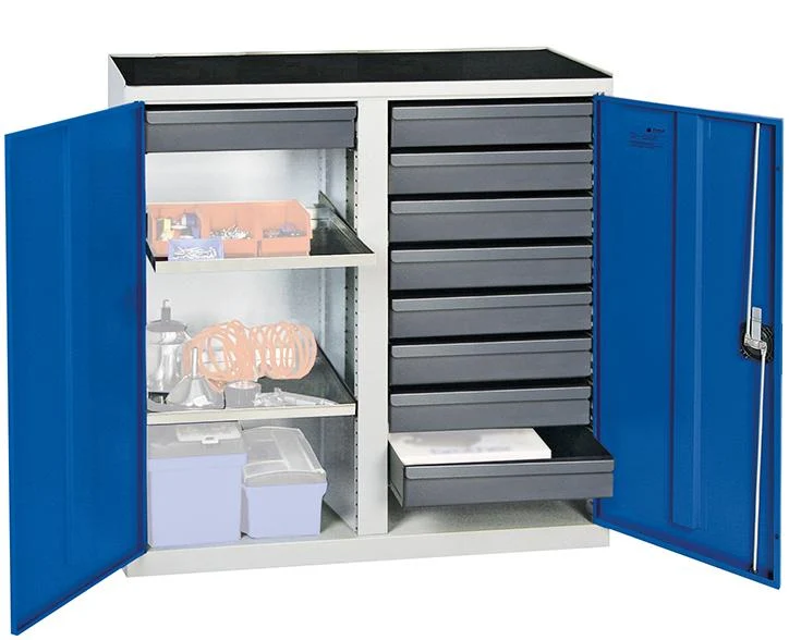 Armoire à outils STUMPF, S3000 RAL 7035/5010 2 compartiments, 2 étagères à bacs 9 tiroirs