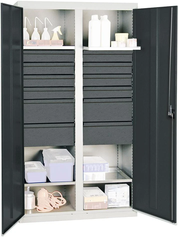 Armoire à outils STUMPF, S3000 RAL 7035/7016 2 compartiments, 4 étagères à bacs 12 tiroirs
