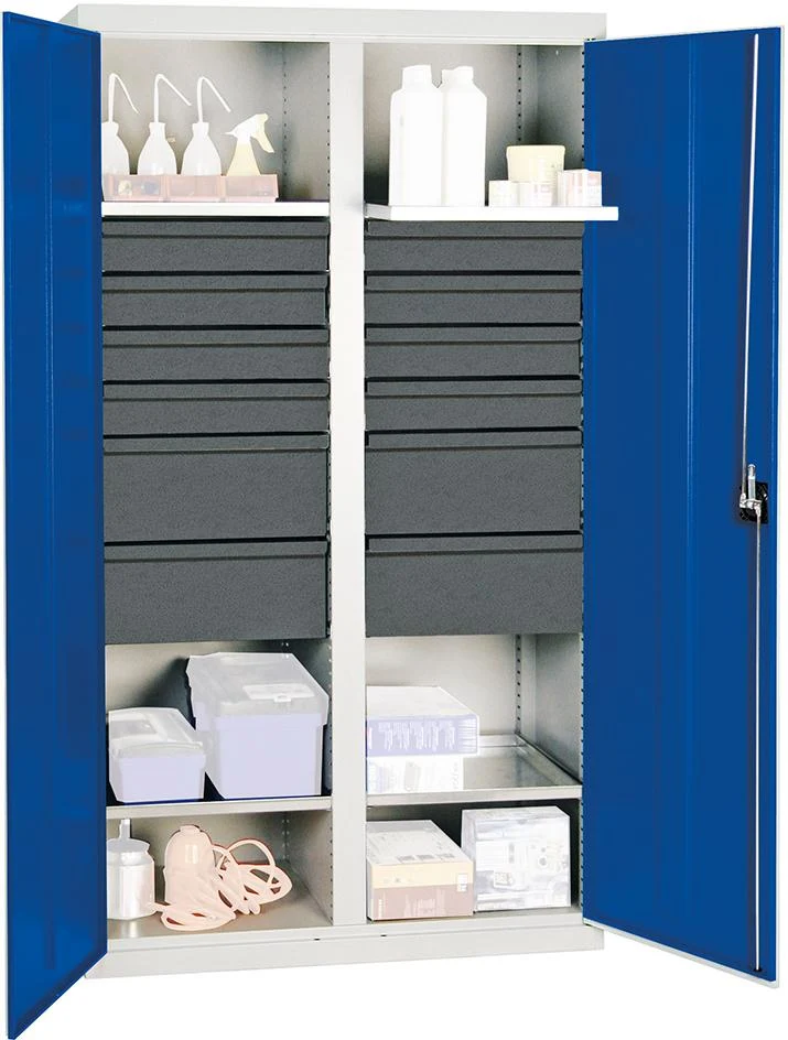 Armoire à outils STUMPF, cloison centrale S3000 RAL 7035/5010, 12 étagères Sc 4 plateaux