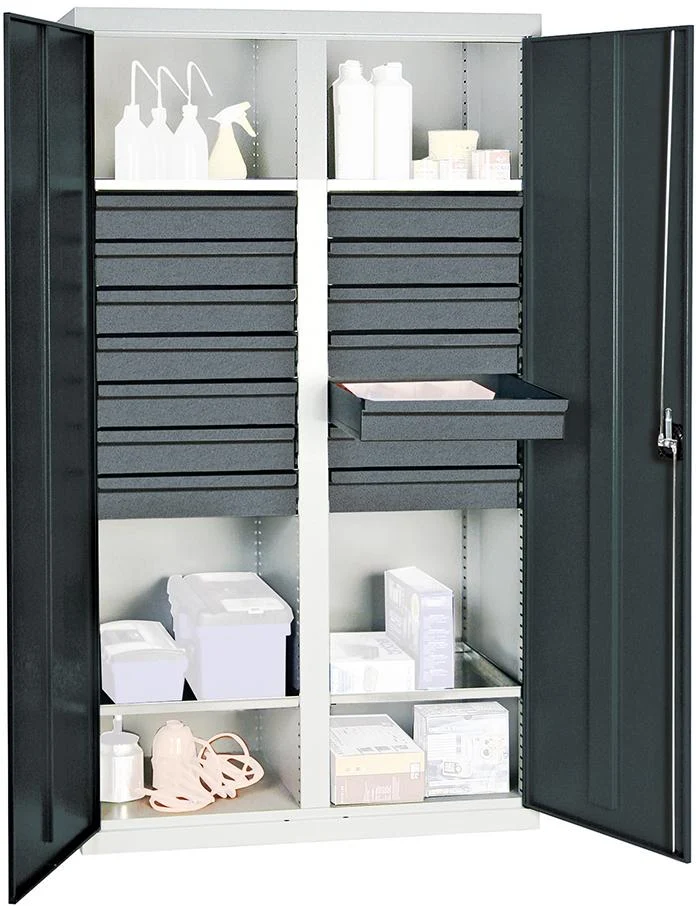 Armoire à outils STUMPF, S3000 RAL 7035/7016 2 compartiments, 4 étagères à bacs 14 tiroirs