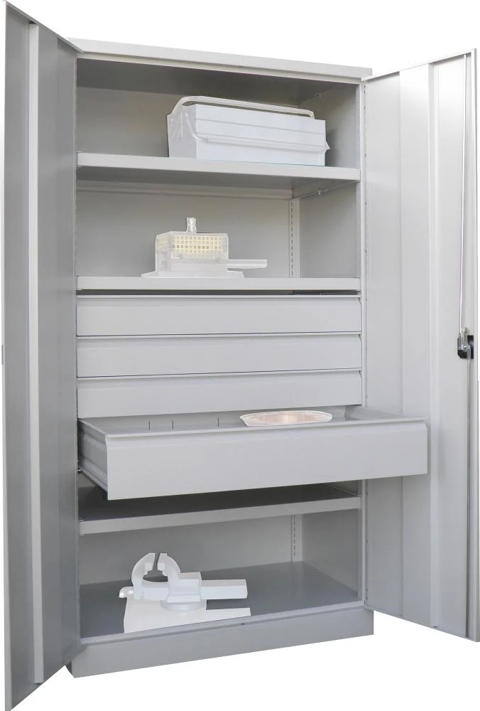 Armoire robuste PAVOY avec portes, L 1040 x P 630 x H 1950 mm, 3 tiroirs, L 3 x H 125,1 x 175 mm, RAL 7035