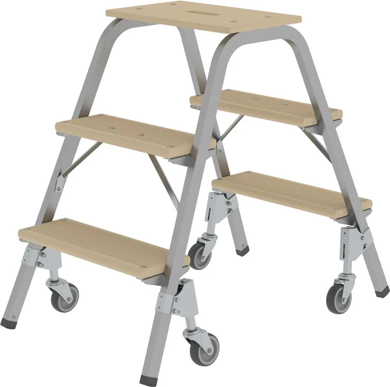 Marchepied acier-bois MUNK, mobile 3 marches en bois 4 roulettes Hauteur de la planche supérieure 0,73 m Hauteur de travail jusqu'à 2,60 m