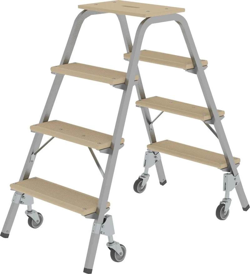 Marchepied acier-bois MUNK, mobile 4 marches en bois 4 roulettes Hauteur de la planche supérieure 0,97 m Hauteur de travail jusqu'à 2,80 m