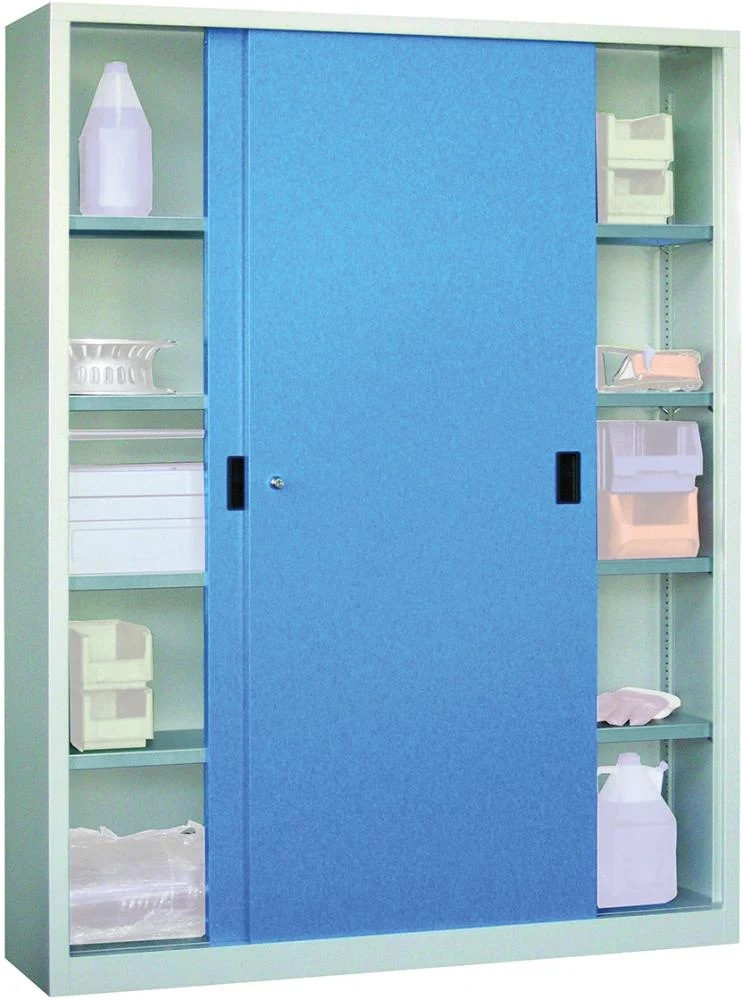 Armoire à portes coulissantes PAVOY, L1500xP600xH1950 mm 8 tablettes zinguées cloison centrale RAL 7035/5012
