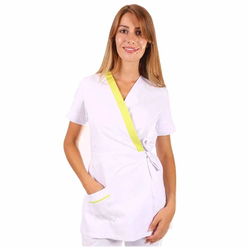 Blouse Esthéticienne Cache-Cœur Blanc Liseré Couleur Inès - MANELLI