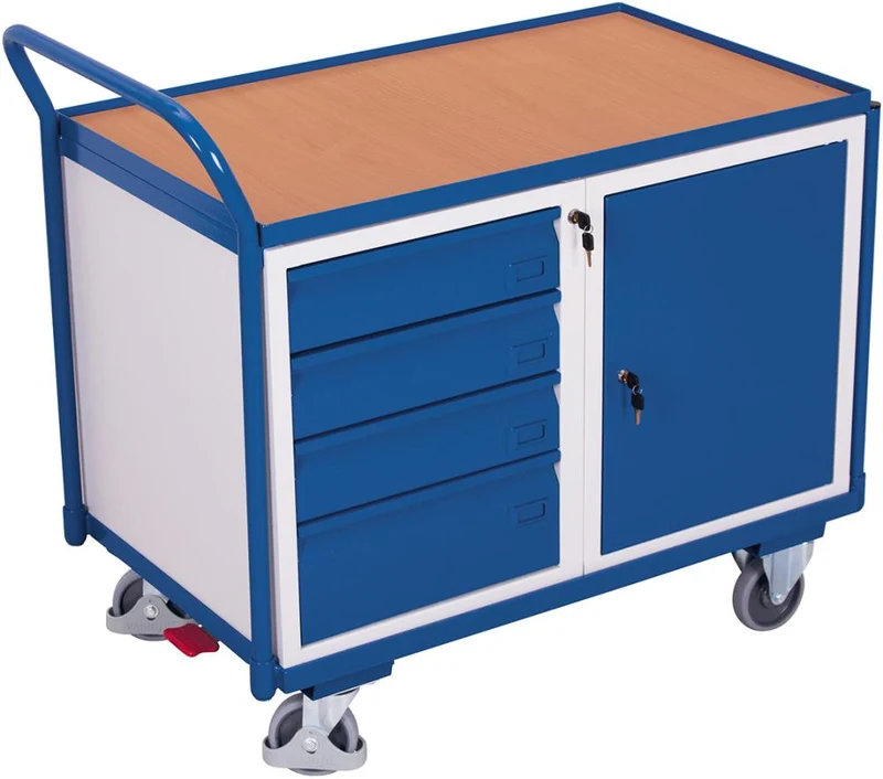 Chariot de table VARIOFIT, 250 kg L1125xP625xH1010mm RAL 7035/5010 4 tiroirs, 1 armoire