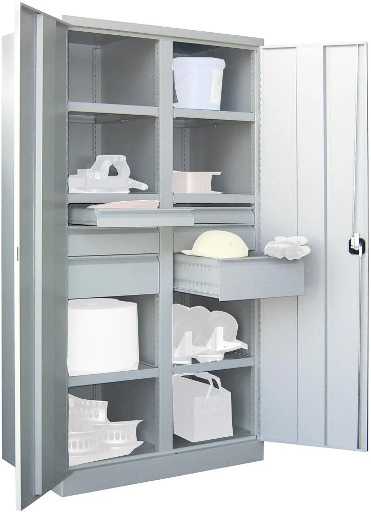 Armoire robuste PAVOY, avec portes L1040xP630xH1950 mm 6 FB,SL chaque 2x75,125,175mm panneau central RAL 7035