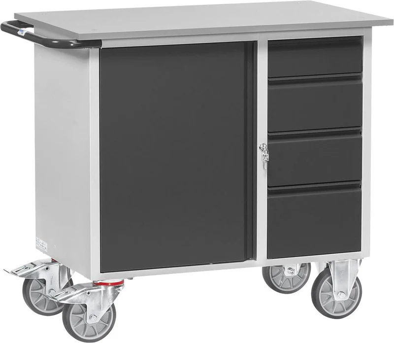 Chariot d'atelier FETRA, L1080xP590xH915mm RAL 7035/7016 4 tiroirs, 1 armoire