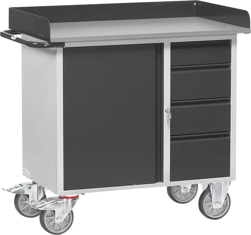 Chariot d'atelier FETRA, L1080xP590xH915mm RAL 7035/7016 4 tiroirs, 1 armoire