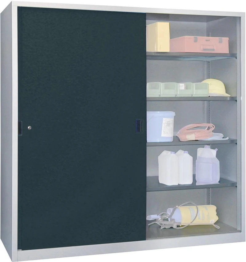 Armoire à portes coulissantes PAVOY, L2000xP400xH1950 mm 8 tablettes zinguées cloison centrale RAL 7035/7016