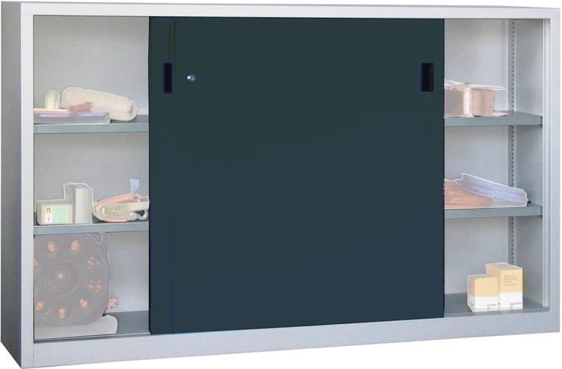 Armoire à portes coulissantes PAVOY, L2000xP500xH1200 mm 4 tablettes zinguées cloison centrale RAL 7035/7016