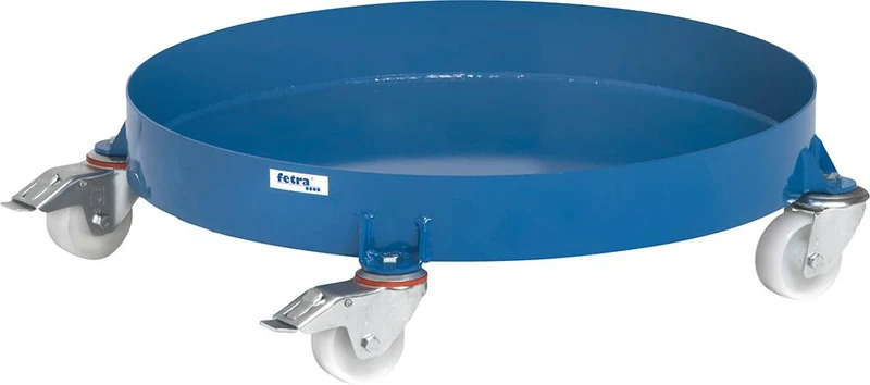 Chariot porte-fûts FETRA, pour fûts de 200 l, Ø intérieur 630 mm, avec 4 roulettes pivotantes/2 fixes, 2 freins, Ral 5007