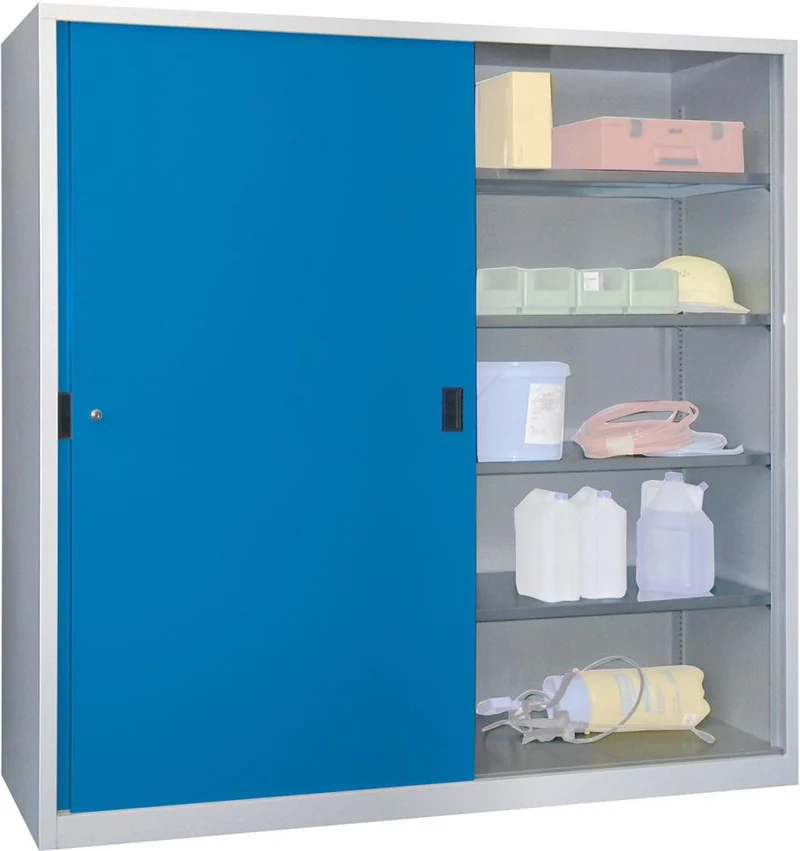 Armoire à portes coulissantes PAVOY, L2000xP400xH1950 mm 8 tablettes zinguées cloison centrale RAL 7035/5012
